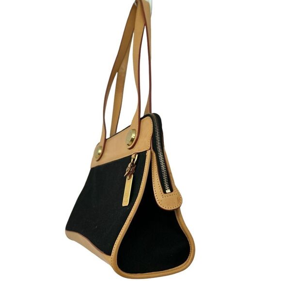 Vintage Dooney & Bourke Black Canvas & Naked Tan Leather East West Carpet Bag - Picture 4 of 15